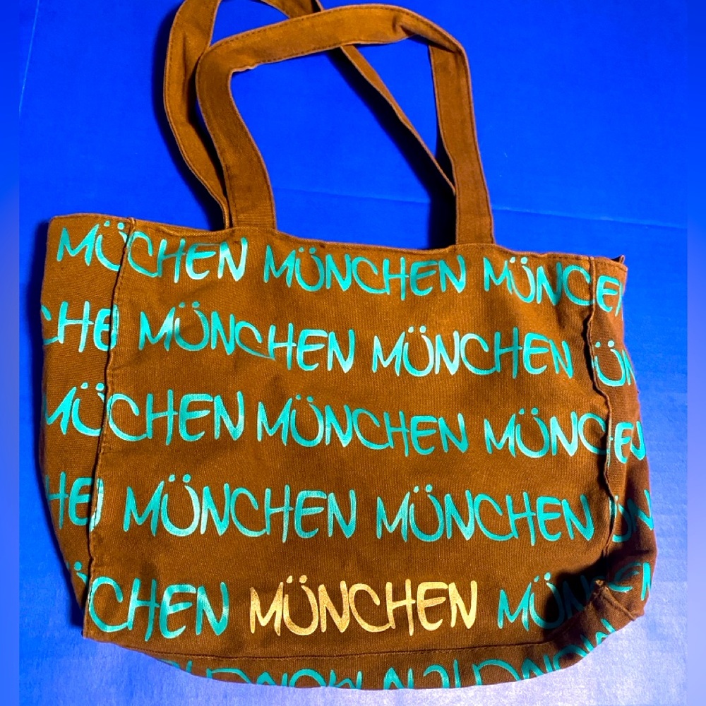 Robin Ruth Brown Canvas Silkscreen München Tote Bag w/Silver/Blue Letters